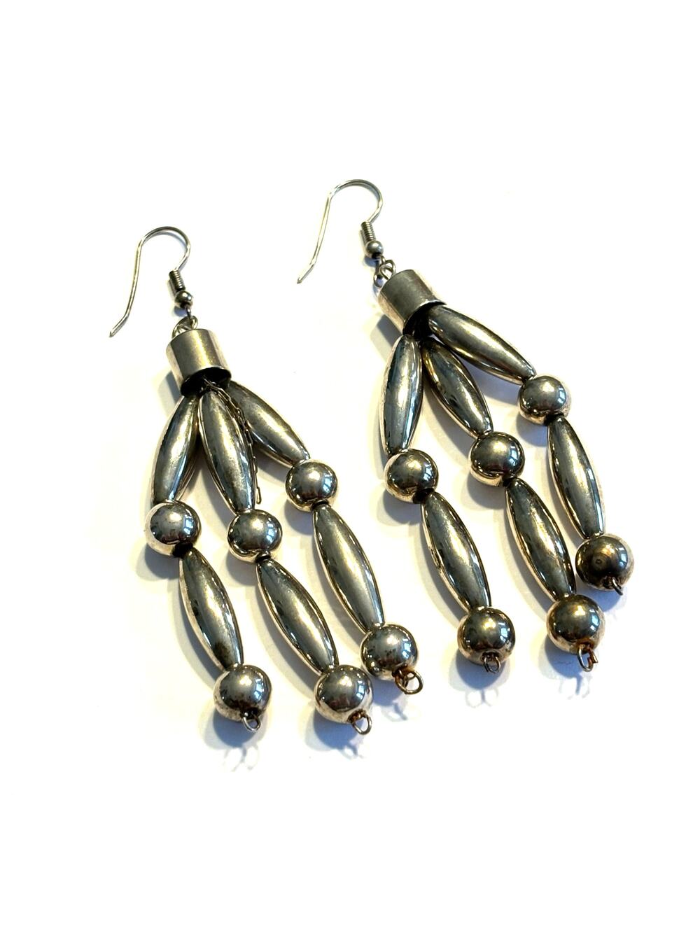 Tribal Pierced earrings long silver beads drop & dangle style southwestern Boho